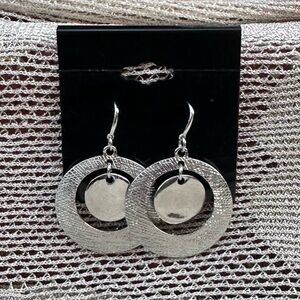 Elegant Silver Dangle Earrings Smooth Circle within textured circle